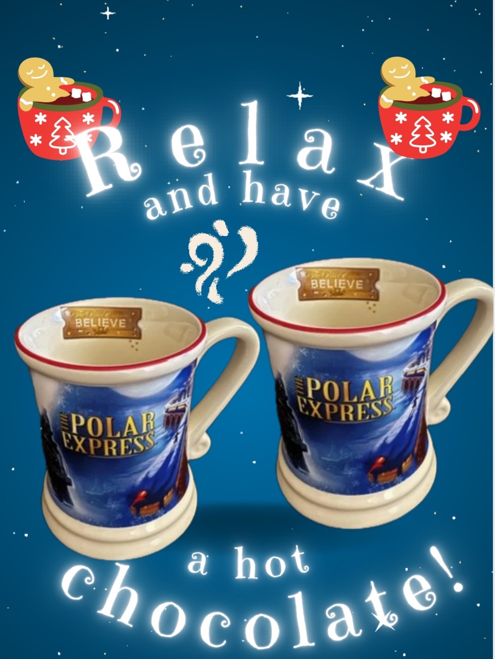 Set OF 2 - Warner Bros The Polar Express "Believe" Golden Ticket Mug/Coffee Cup.